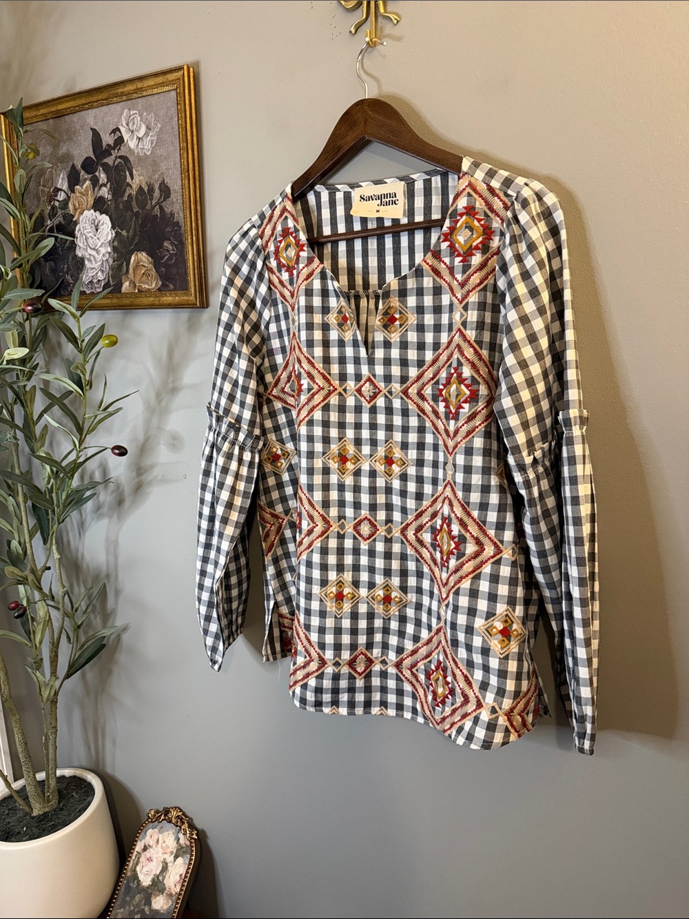 Savanna Jane Embroidered Buffalo Plaid Boho Peasant Top Medium Aztec Western M - Picture 6 of 9